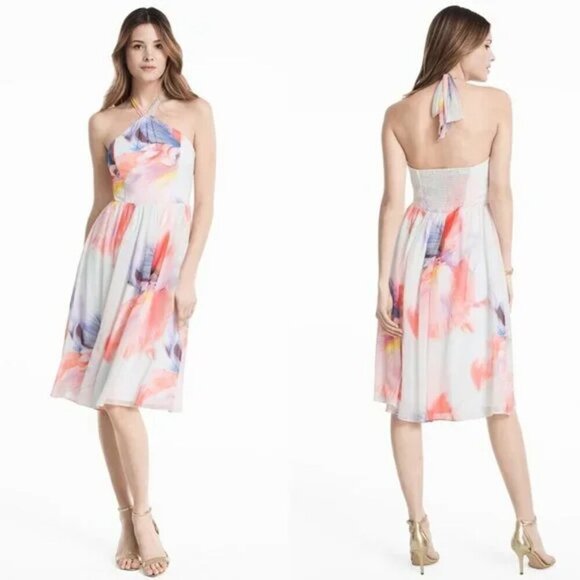 White House Black Market | Chiffon Watercolor Print Halter Dress | Size 12 - Picture 1 of 12